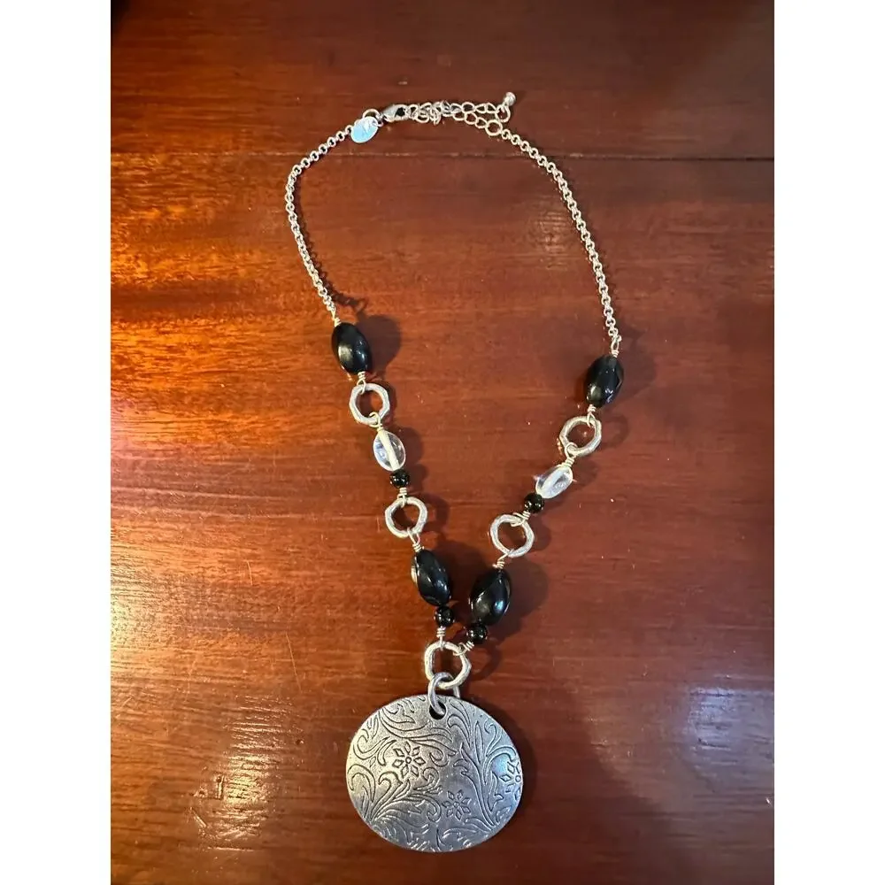 Lia Sophia OUTLAW Necklace Boho Silver Black Bead Floral Scroll Metal Pendant